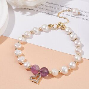 Natural Amethyst & Pearls W golden Pave open Heart beautiful Bracelet NWOT